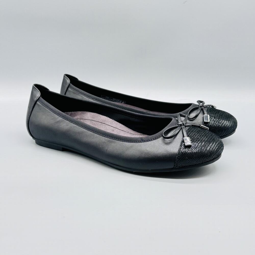 Vionic Shoes Womens 9.5 Black Leather Minna Ballet Flats Bow Cap Toe Comfort - Picture 2 of 13
